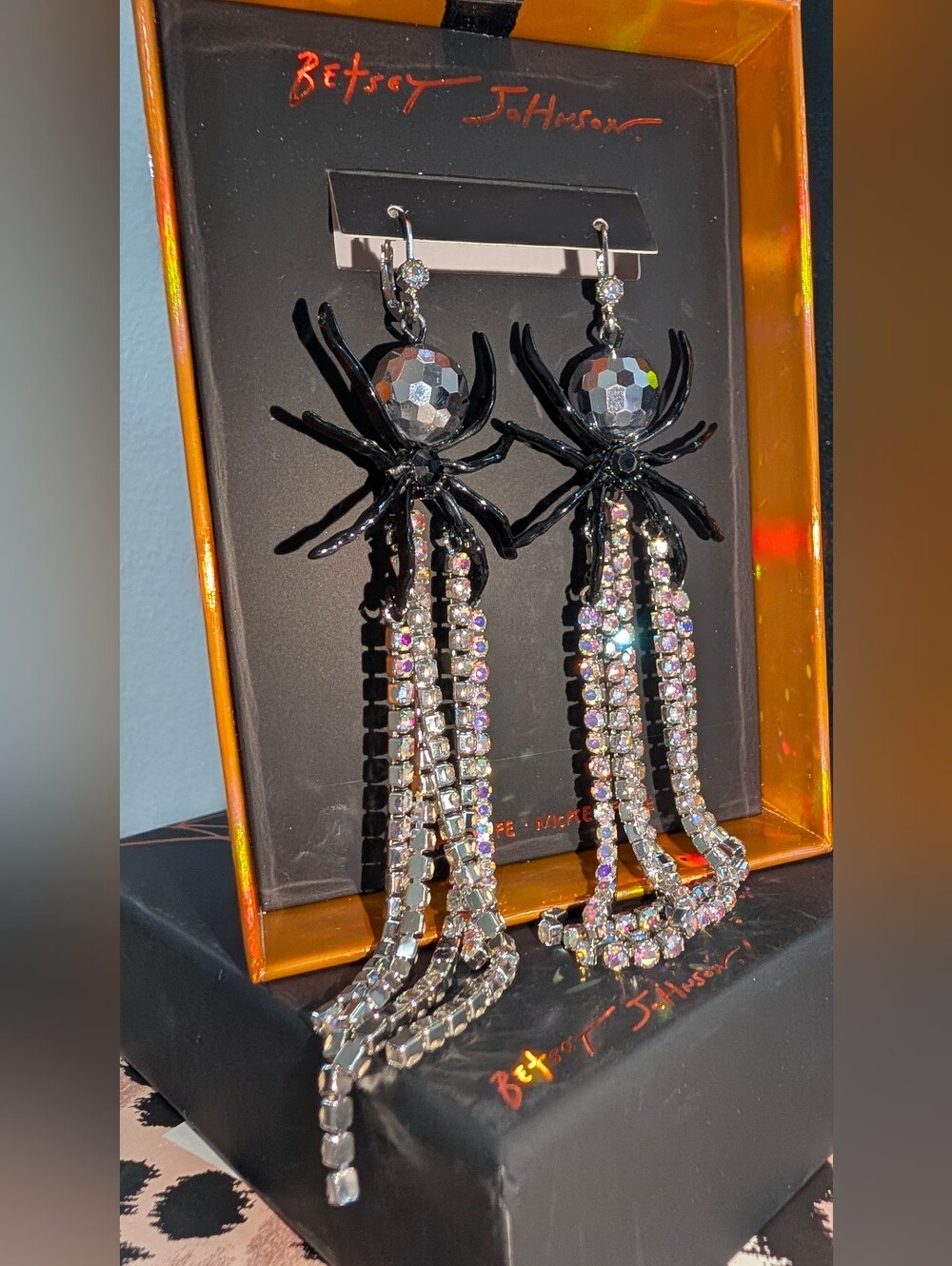 Betsey Johnson Black Spider Earrings with Iridescent Crystal Fringe